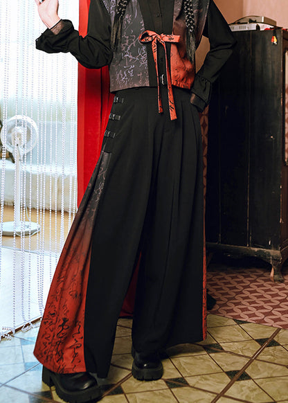 New Chinese Style Patchwork High Waisted Design Wide Leg Pants Spring