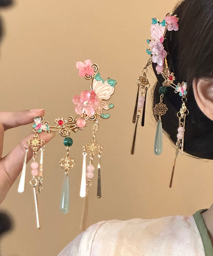 New Chinese Style Pink Flower Tassel Butterfly A Pair Side Hairpin