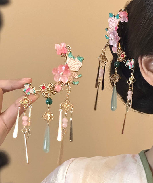 New Chinese Style Pink Flower Tassel Butterfly A Pair Side Hairpin