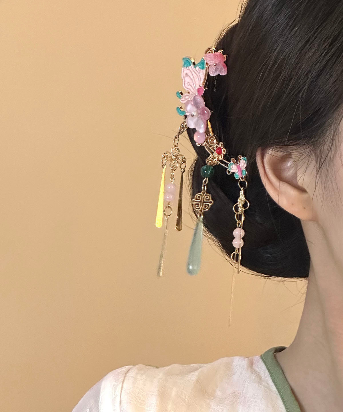 New Chinese Style Pink Flower Tassel Butterfly A Pair Side Hairpin