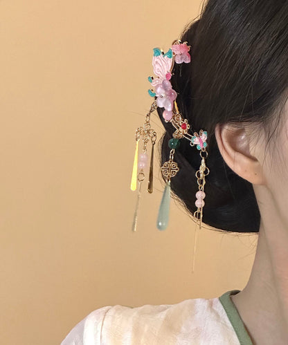 New Chinese Style Pink Flower Tassel Butterfly A Pair Side Hairpin