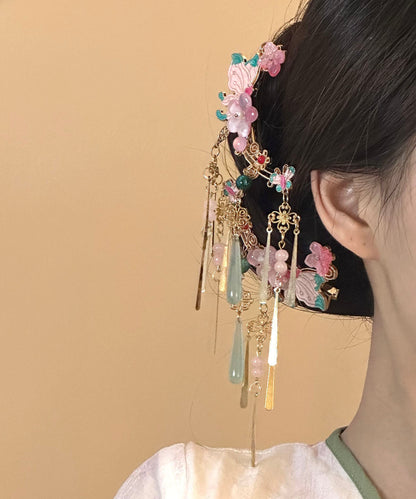New Chinese Style Pink Flower Tassel Butterfly A Pair Side Hairpin