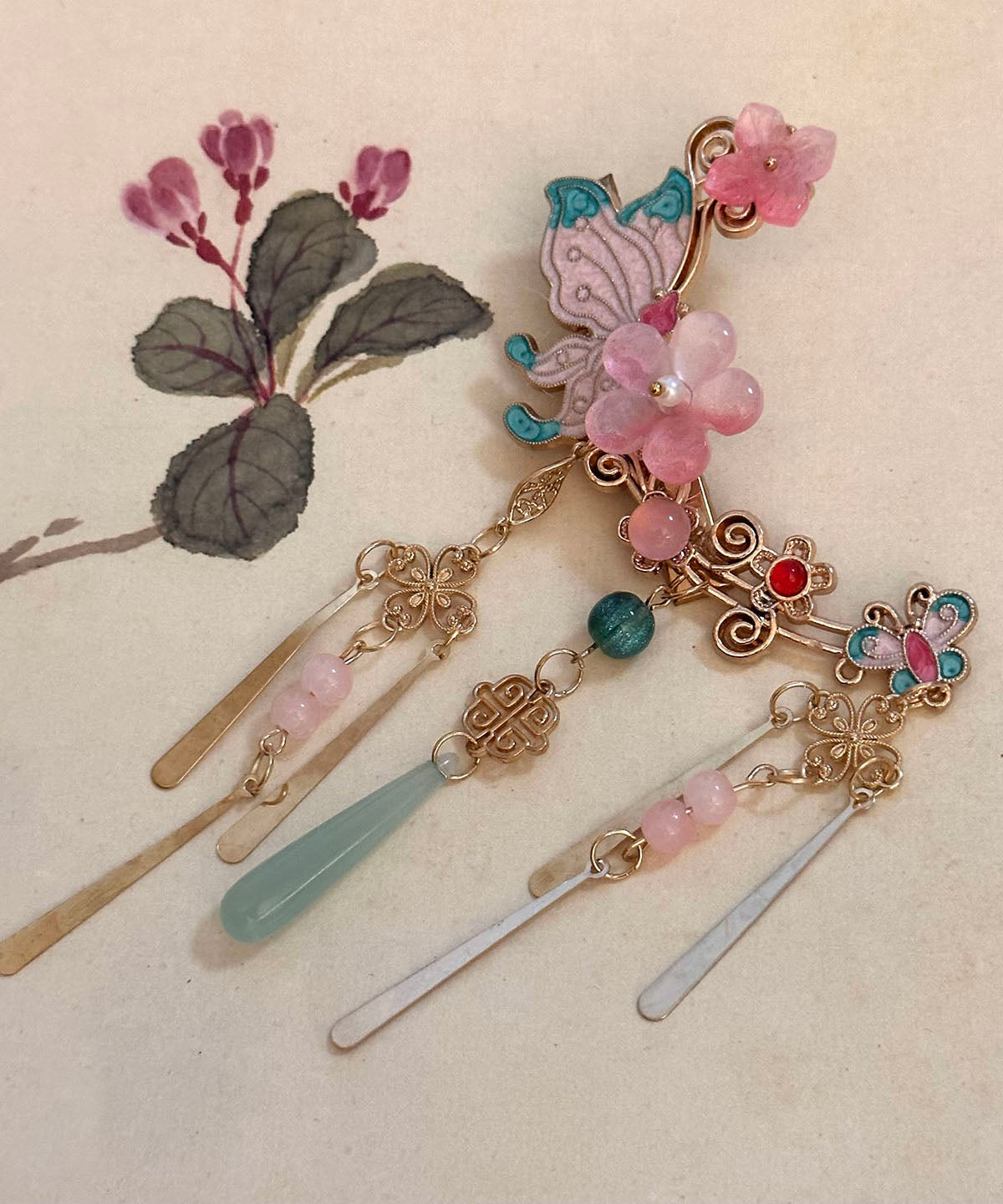 New Chinese Style Pink Flower Tassel Butterfly A Pair Side Hairpin