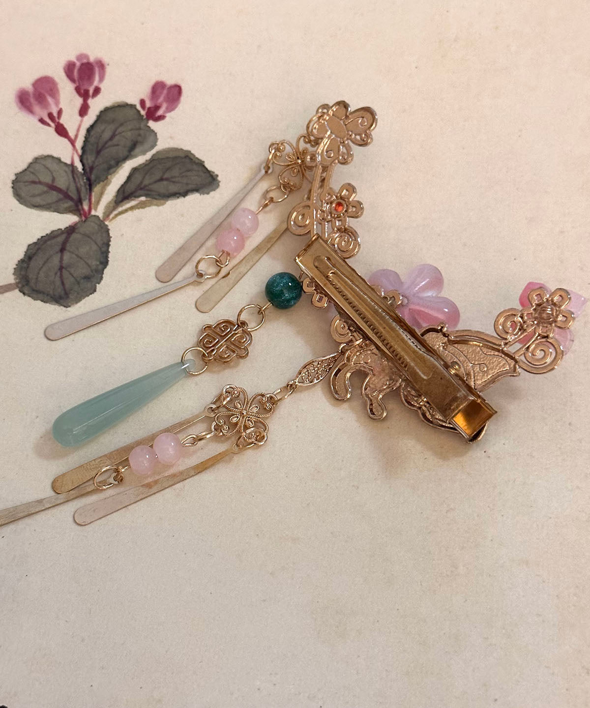 New Chinese Style Pink Flower Tassel Butterfly A Pair Side Hairpin