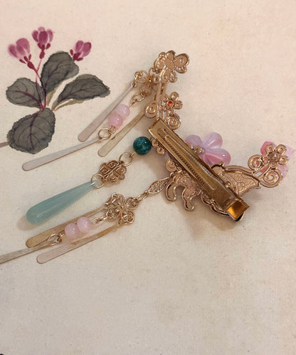 New Chinese Style Pink Flower Tassel Butterfly A Pair Side Hairpin
