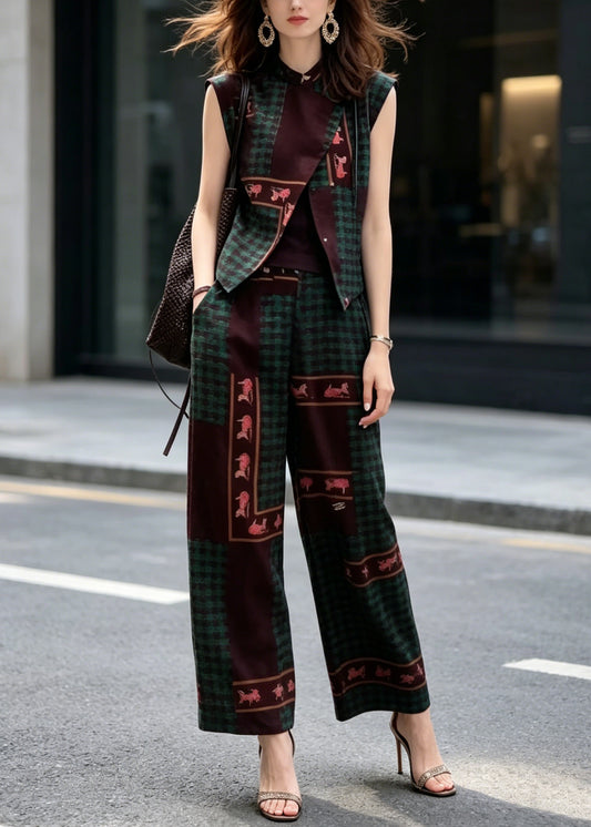 New Chinese Style Print Sleeveless Top And Wide Leg Pants Two Pieces Set