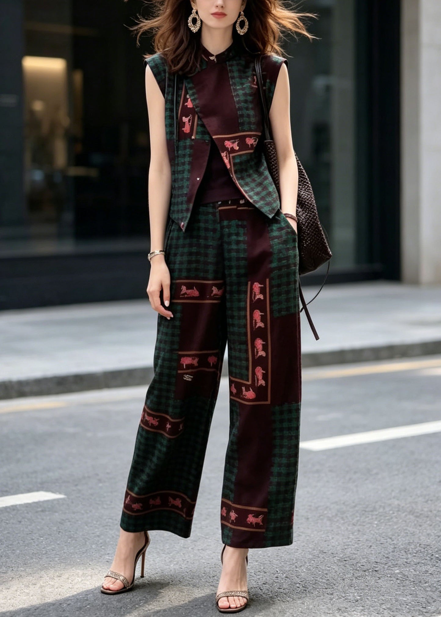 New Chinese Style Print Sleeveless Top And Wide Leg Pants Two Pieces Set
