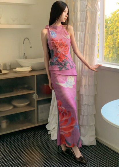 New Chinese Style Wear On Both Print Sides Sleeveless Top And Skirt Set
