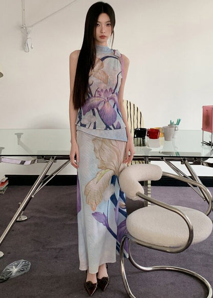 New Chinese Style Wear On Both Print Sides Sleeveless Top And Skirt Set