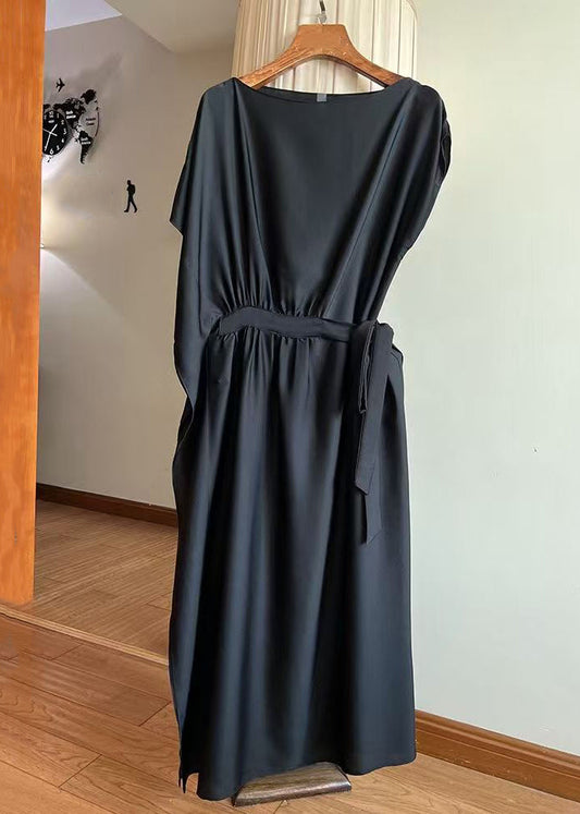 New Chocolate Lace Up Solid Silk Long Dresses Summer