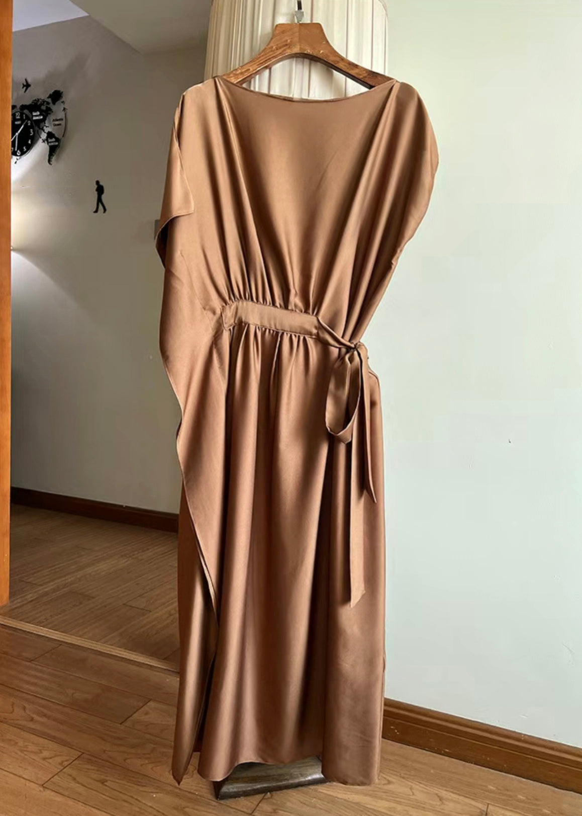 New Chocolate Lace Up Solid Silk Long Dresses Summer