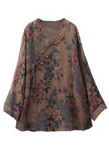 Load image into Gallery viewer, New Coffee Button Print Linen Top Long Sleeve