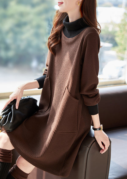 New Coffee Hign Neck Pockets Patchwork Warm Fleece Dresses Winter