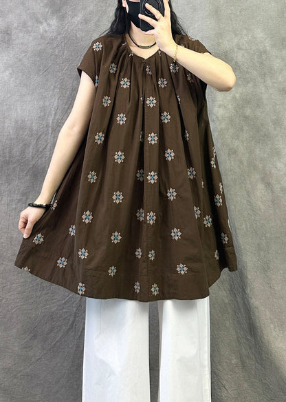 New Coffee O-Neck Embroidered Cotton Shirt Top Summer
