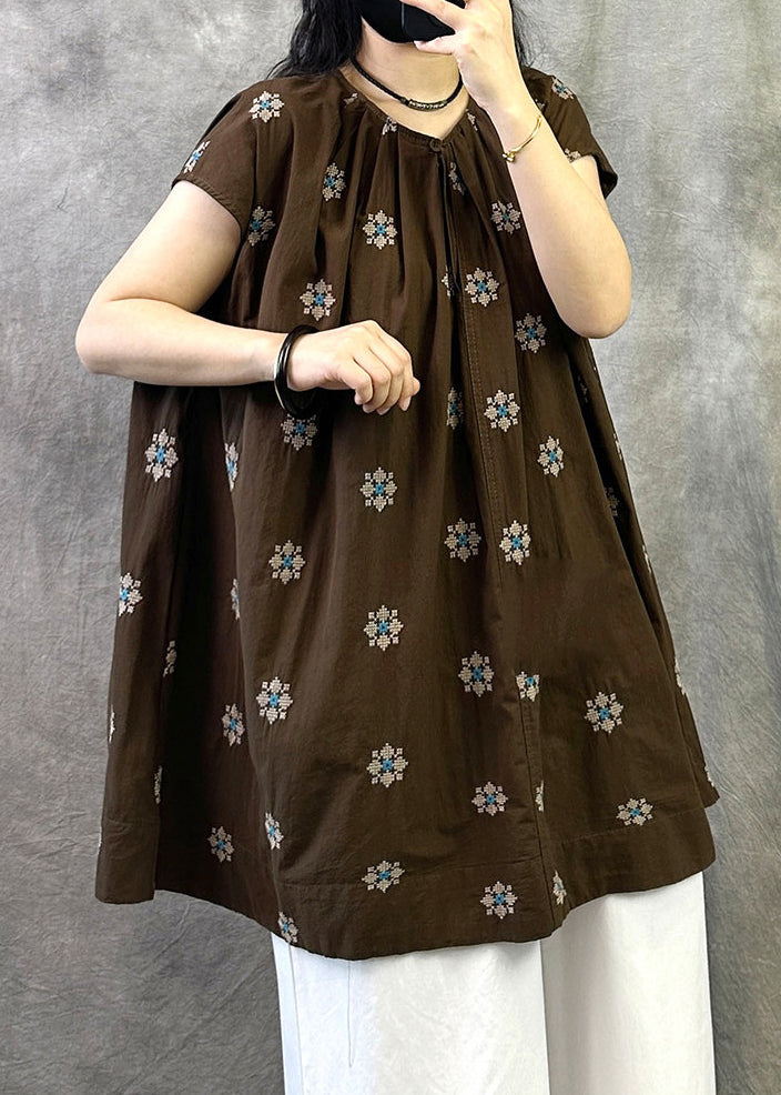 New Coffee O-Neck Embroidered Cotton Shirt Top Summer