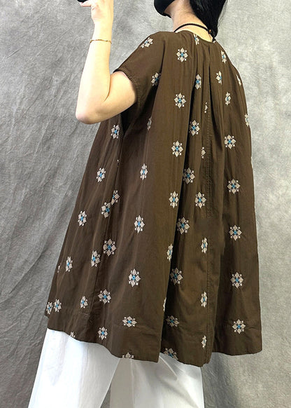 New Coffee O-Neck Embroidered Cotton Shirt Top Summer