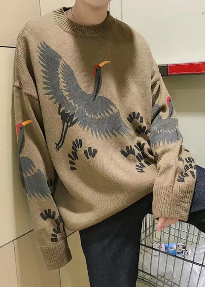 New Coffee O Neck Print Knit Mens Sweater Spring