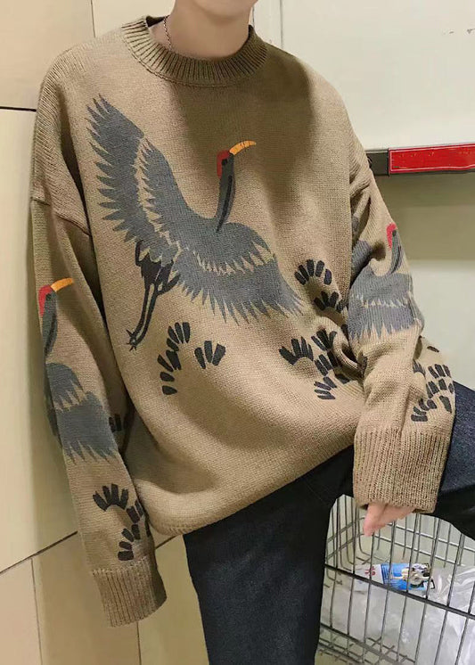 New Coffee O Neck Print Knit Mens Sweater Spring