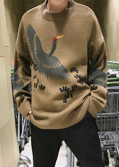 New Coffee O Neck Print Knit Mens Sweater Spring