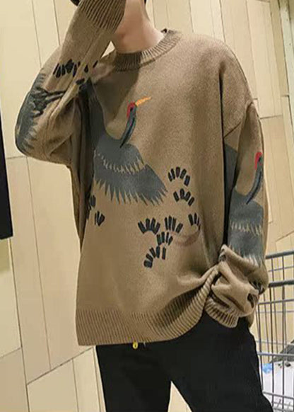 New Coffee O Neck Print Knit Mens Sweater Spring