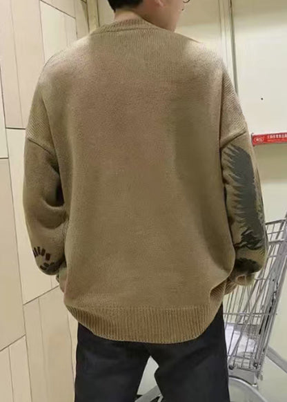 New Coffee O Neck Print Knit Mens Sweater Spring