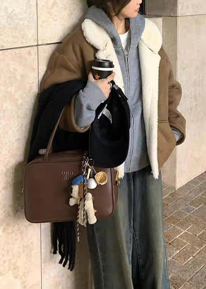 New Coffee Peter Pan Collar Pockets Fleece Wool Lined Coats Winter
