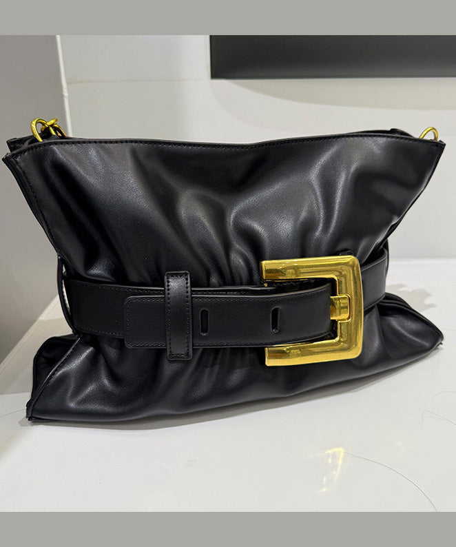 New Coffee Pleated Belt Buckle Faux Leather Shoulder Bag