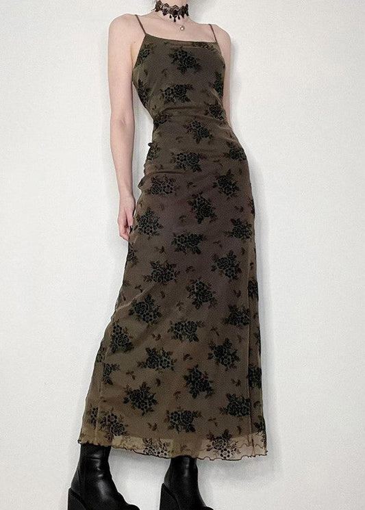 New Coffee Print Backless Patchwork Tulle Spaghetti Strap Dress Sleeveless