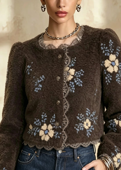 New Coffee Square Collar Jacquard Lace Patchwork Woolen Jackets Fall
