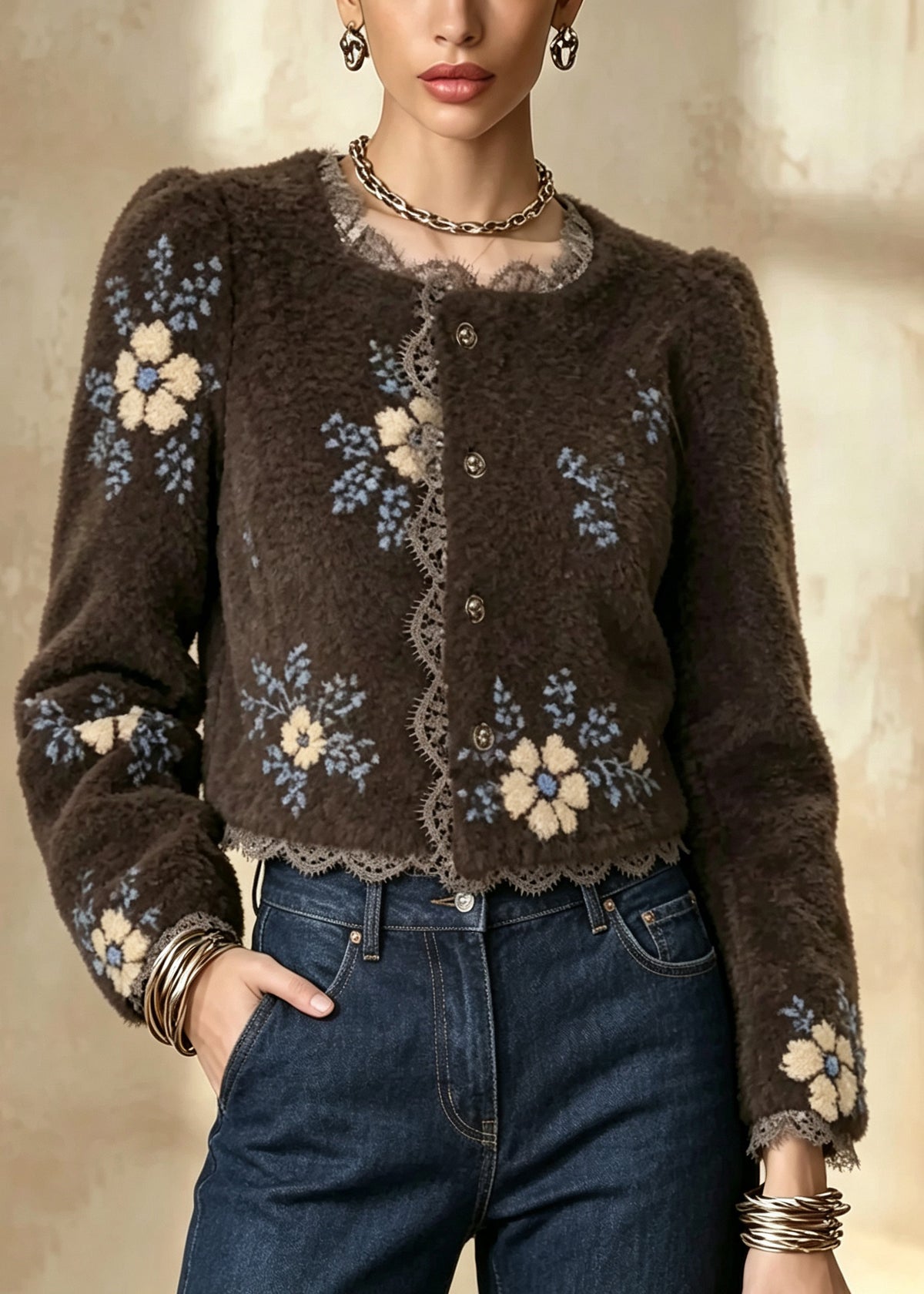 New Coffee Square Collar Jacquard Lace Patchwork Woolen Jackets Fall