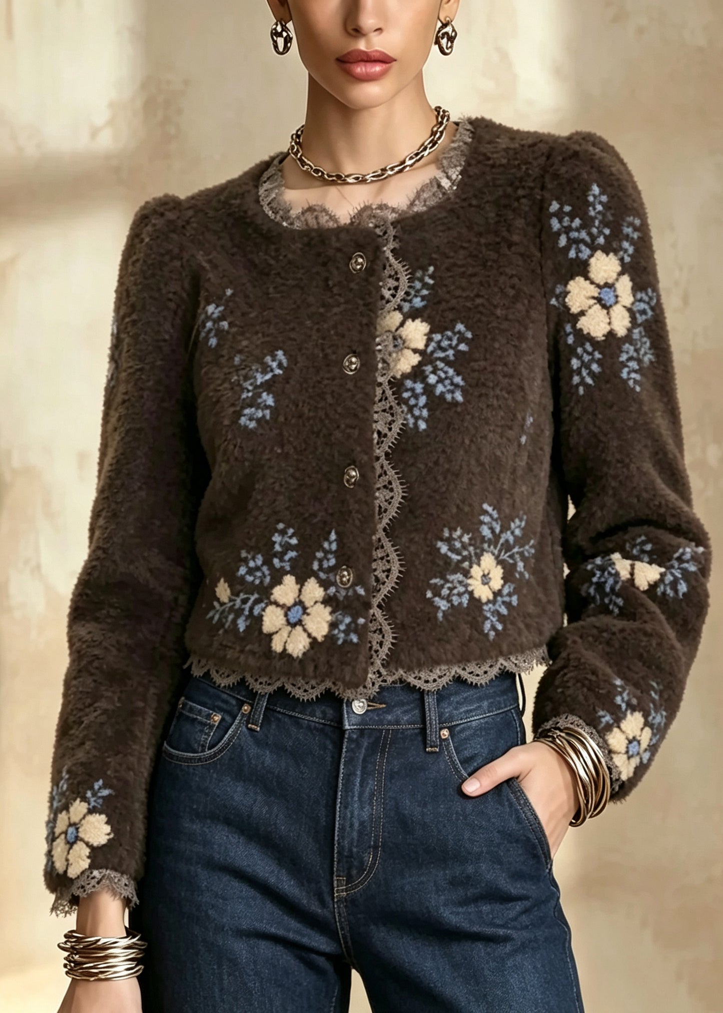 New Coffee Square Collar Jacquard Lace Patchwork Woolen Jackets Fall