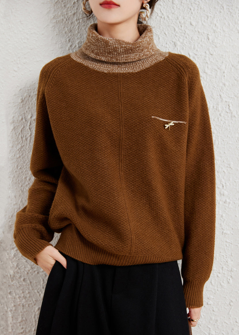 New Coffee Turtleneck Patchwork Cozy Cotton Knit Sweaters Winter