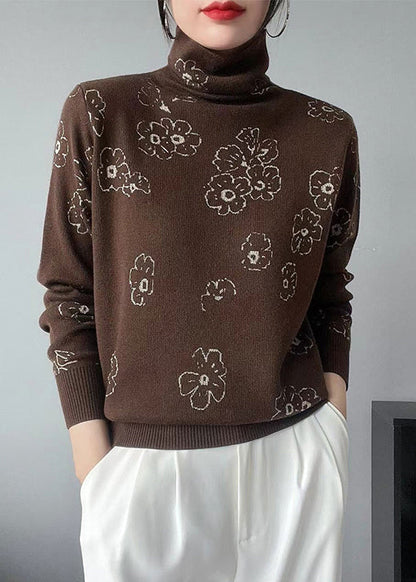 New Coffee Turtleneck Print Cotton Knit Sweaters Fall