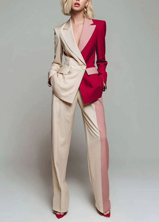 New Color Blocked Long Sleeved Suit Coat And Wide Leg Pants Set