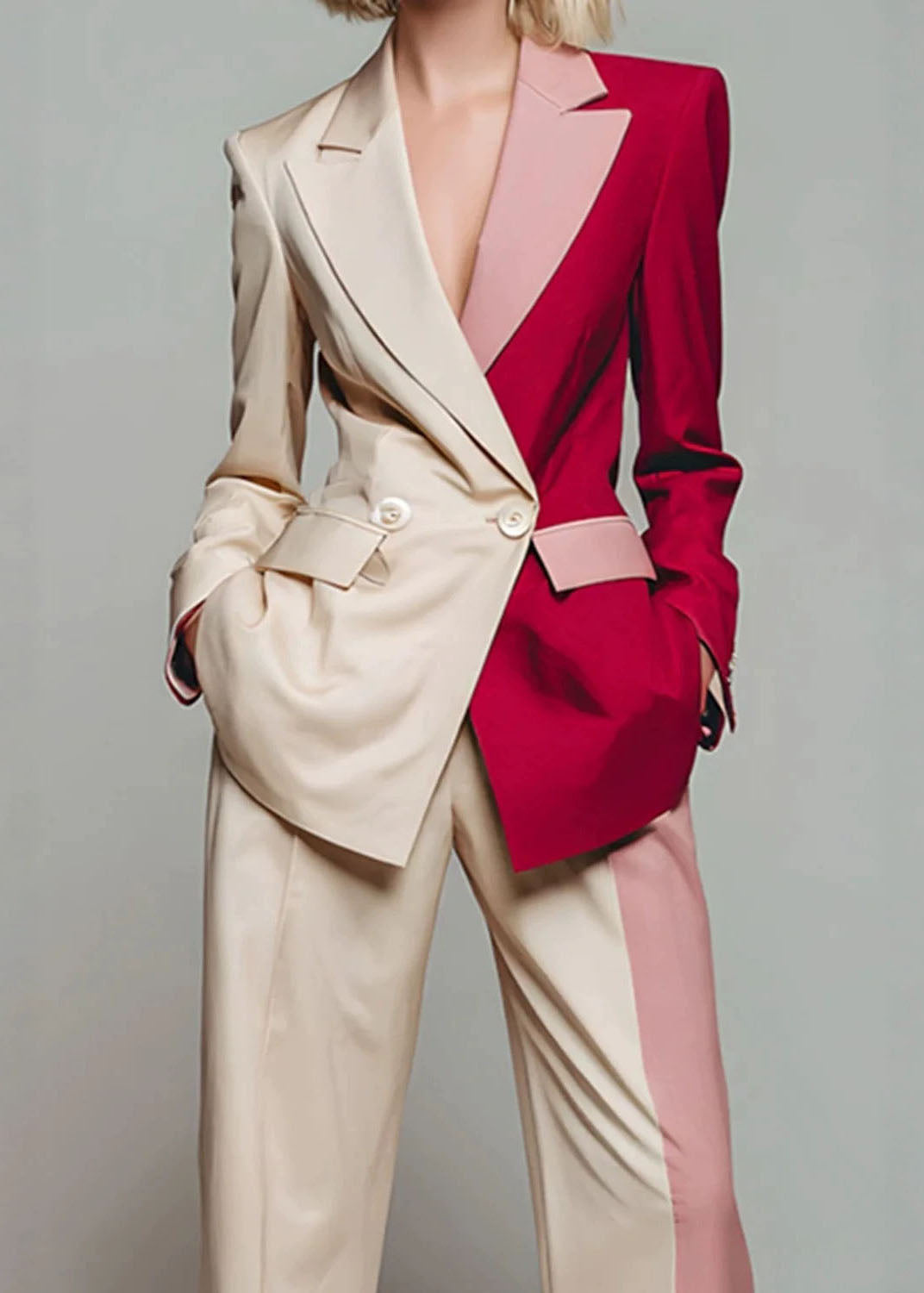 New Color Blocked Long Sleeved Suit Coat And Wide Leg Pants Set