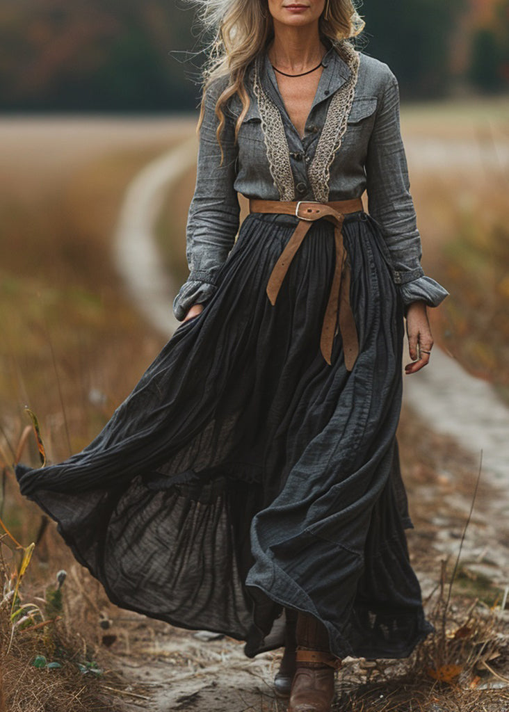 New Colorblock Lace Wrinkled Patchwork Cotton Long Dresses Spring