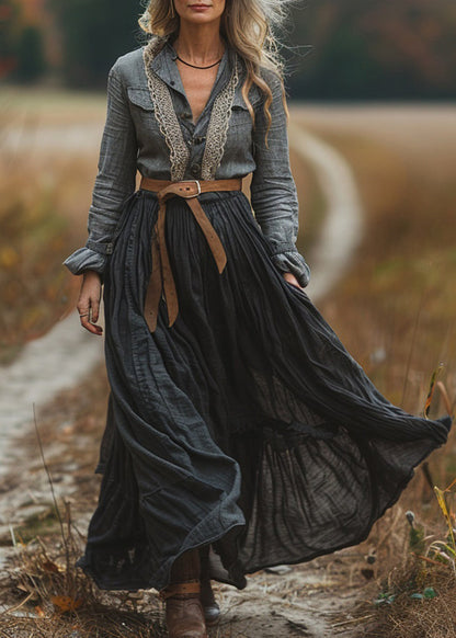 New Colorblock Lace Wrinkled Patchwork Cotton Long Dresses Spring