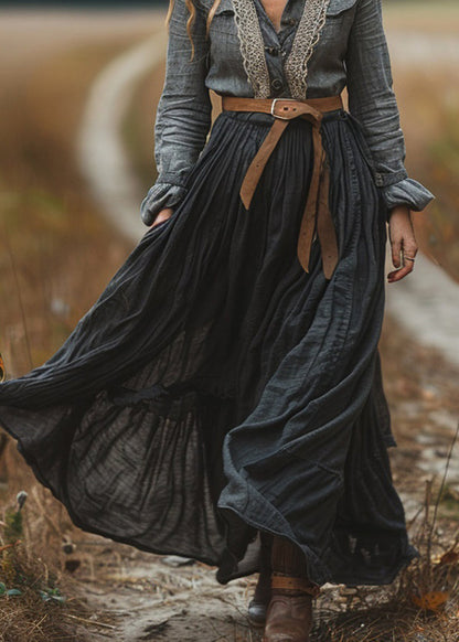 New Colorblock Lace Wrinkled Patchwork Cotton Long Dresses Spring