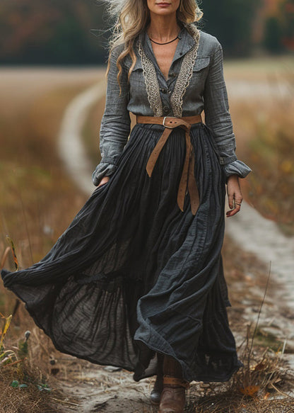 New Colorblock Lace Wrinkled Patchwork Cotton Long Dresses Spring