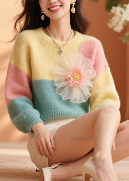New Colorblock O Neck Floral Knit Sweater Fall