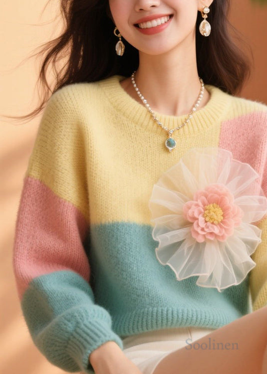 New Colorblock O Neck Floral Knit Sweater Fall