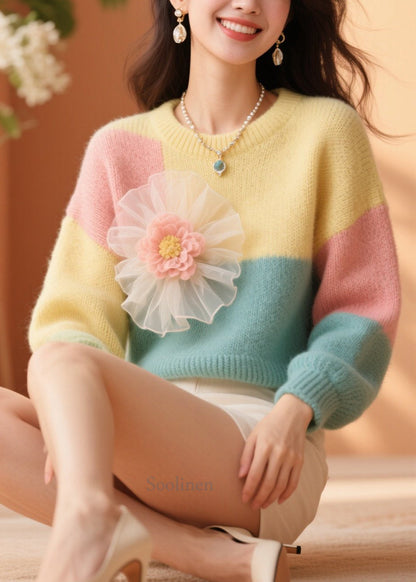 New Colorblock O Neck Floral Knit Sweater Fall