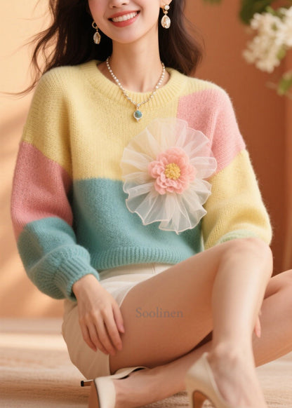 New Colorblock O Neck Floral Knit Sweater Fall