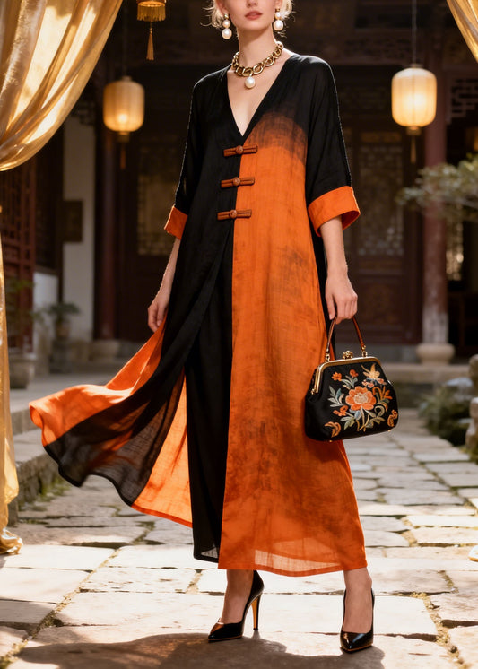 New Colorblock V Neck Oriental Button Patchwork Cotton Long Dresses Summer