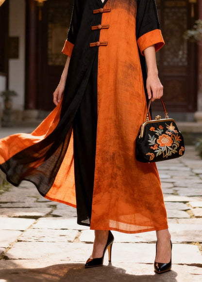 New Colorblock V Neck Oriental Button Patchwork Cotton Long Dresses Summer