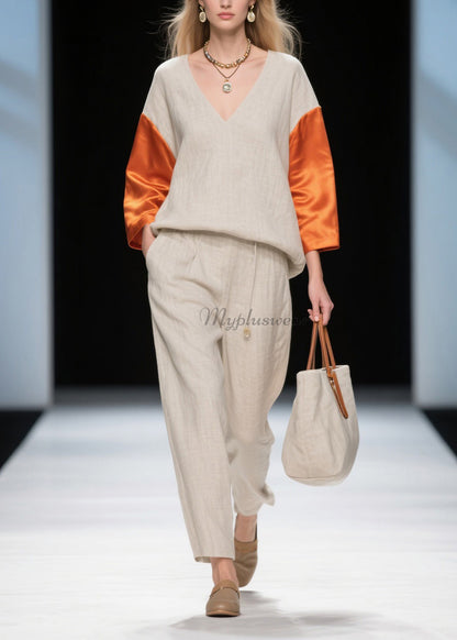 New Colorblock V Neck Patchwork Linen Silk Two-Piece Set Spring