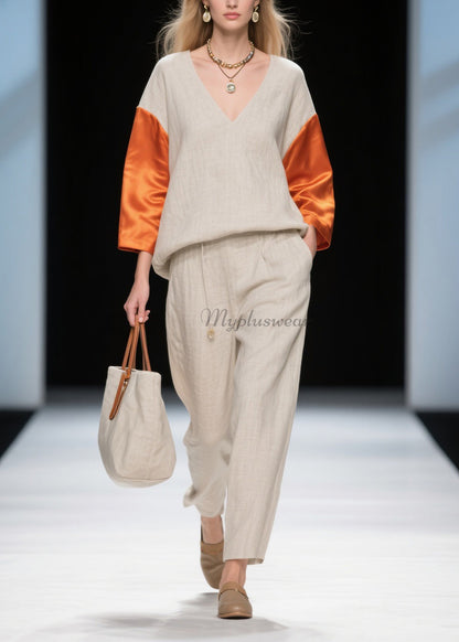 New Colorblock V Neck Patchwork Linen Silk Two-Piece Set Spring