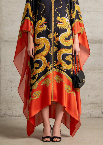 New Colorblock V Neck Print Chiffon Maxi Dress Batwing Sleeve