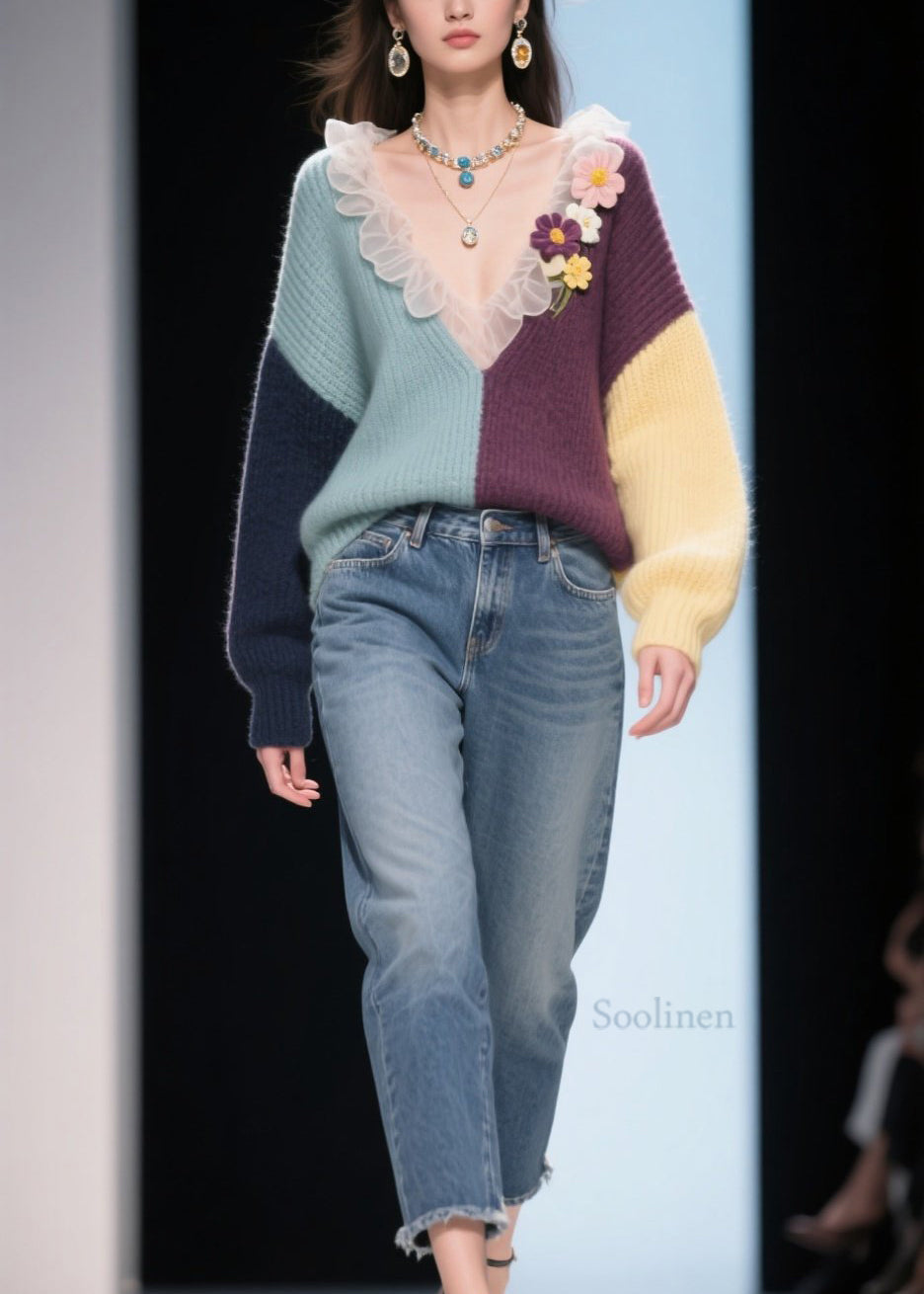 New Colorblock V Neck Ruffled Floral Knitted Tops Fall