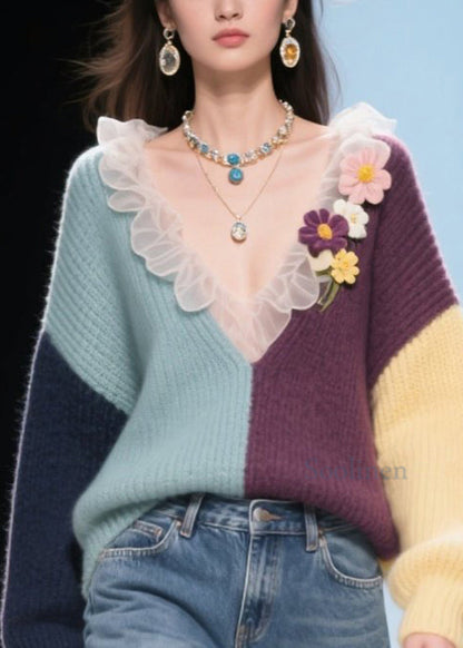 New Colorblock V Neck Ruffled Floral Knitted Tops Fall
